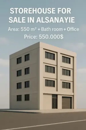 مستودع 550م² قرب الصنايع مع حمام ومكتب للبيع