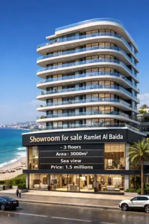 صالة عرض ٨٠٠م² مميزة كاشفة البحر مع طابقين تحتها على الرملة البيضا للبيع